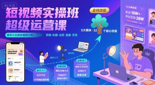 短视频实操班超级运营课，新手小白到短视频大神必修课程，剪辑-拍摄-运营-直播-变现-腾渊科技论坛