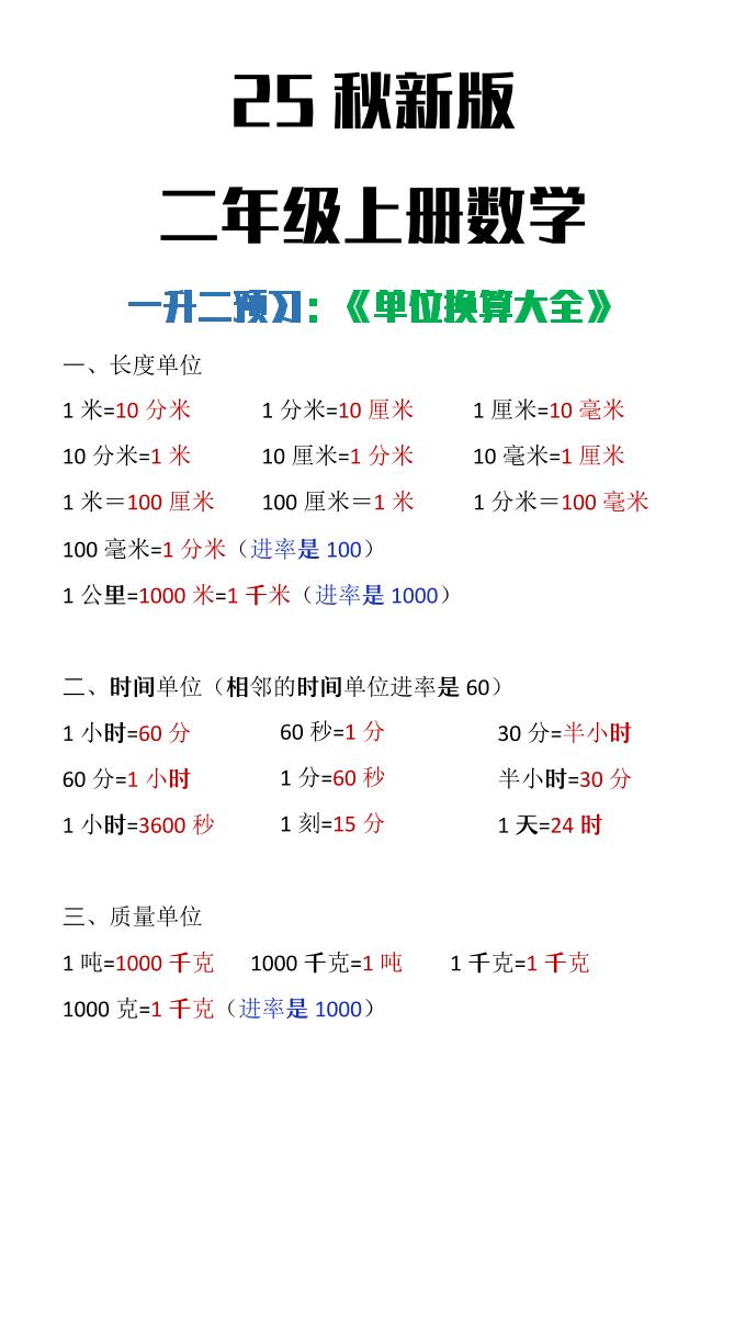 【2025秋新版】二年级上册数学单位换算大全-腾渊科技论坛