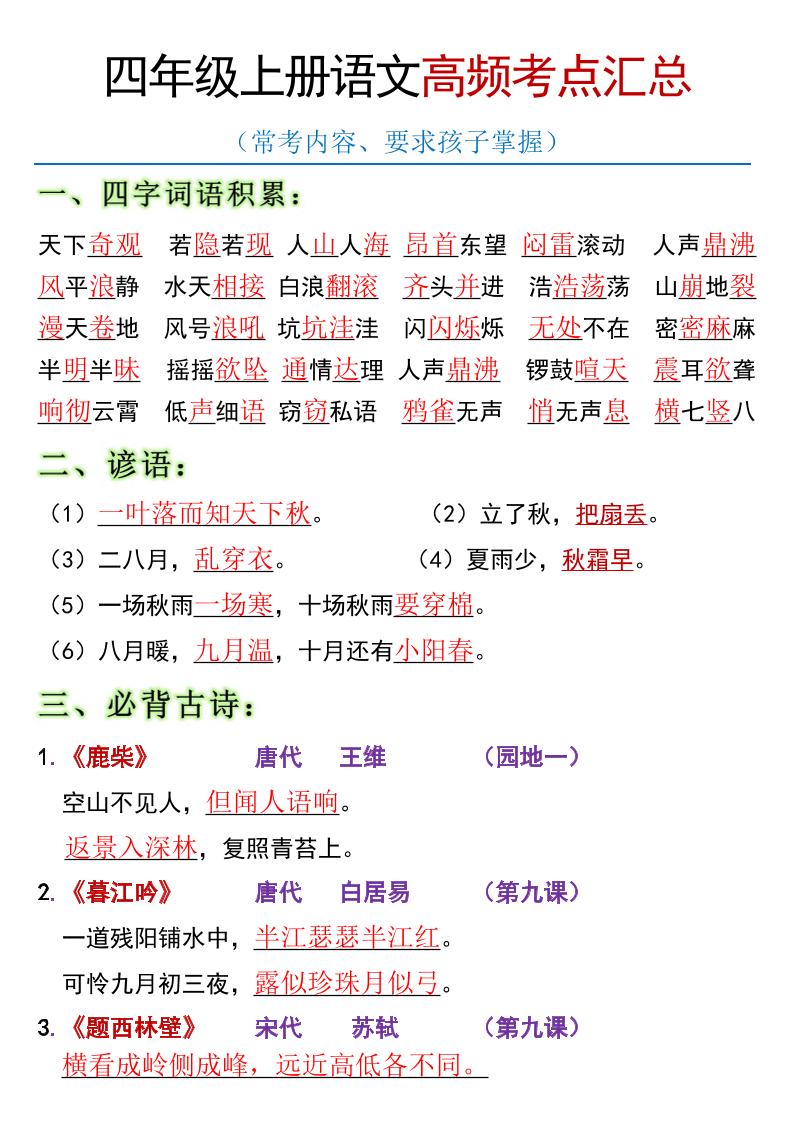 全册高频考点归类（节选）】四上语文-腾渊科技论坛