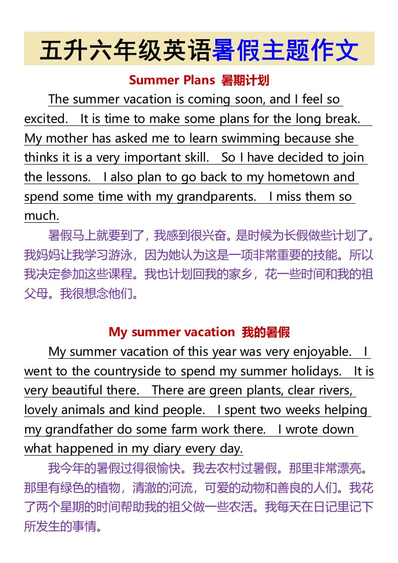 五升六年级英语暑假主题作文-六上英语-腾渊科技论坛