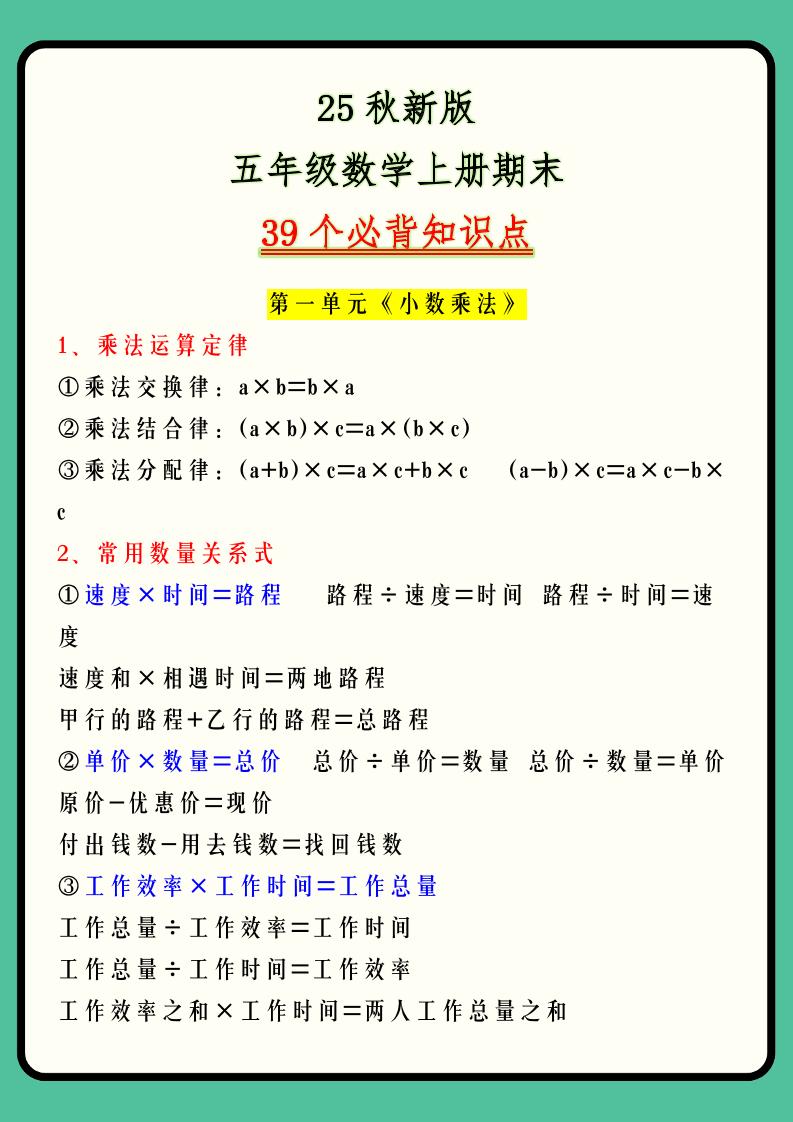 【2025秋新版】五年级数学上册期末39个必背知识点-腾渊科技论坛