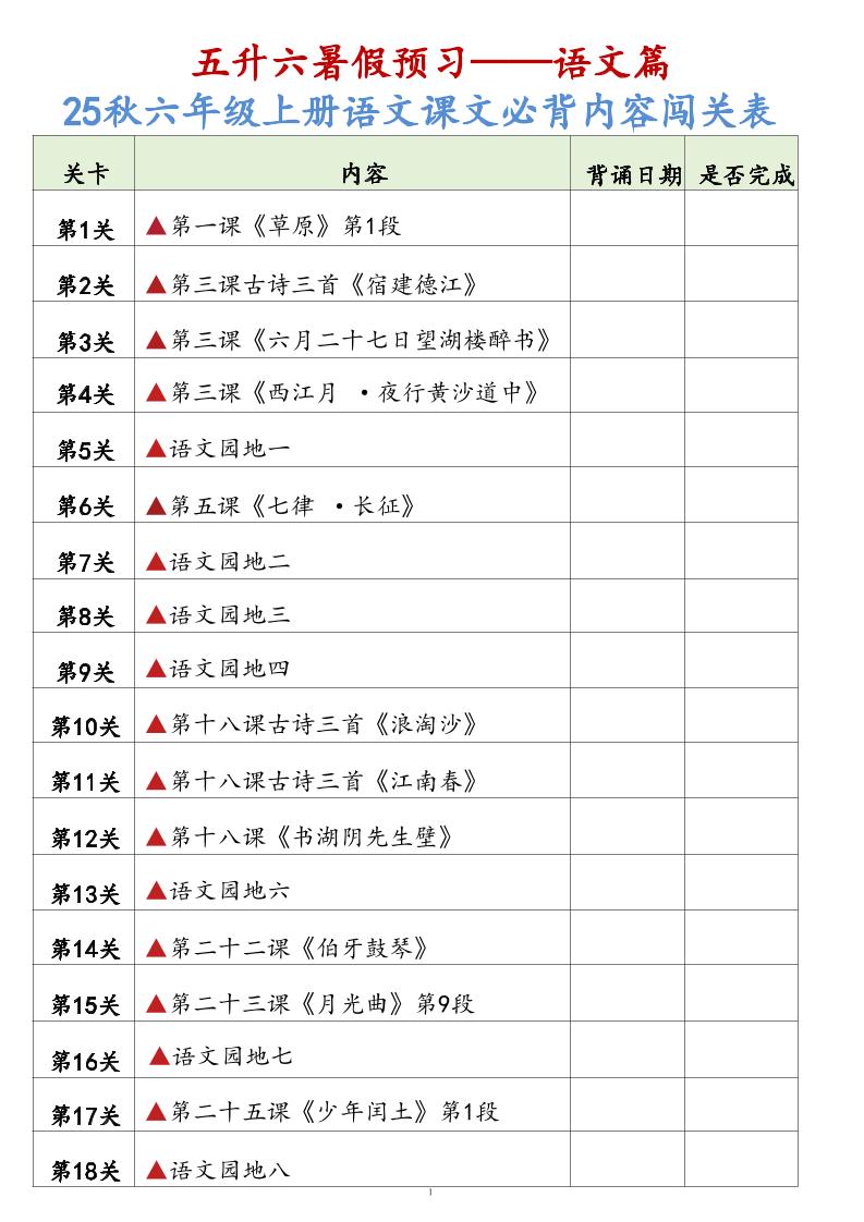 25秋六上语文课文必背内容背诵闯关表7页-腾渊科技论坛