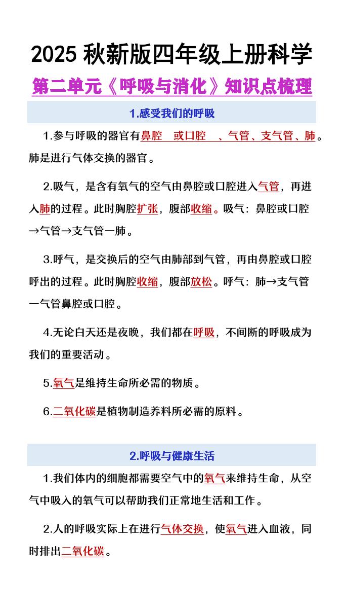 【2025秋新版】四年级上册语文第2单元《呼吸与消化》知识点梳理-腾渊科技论坛
