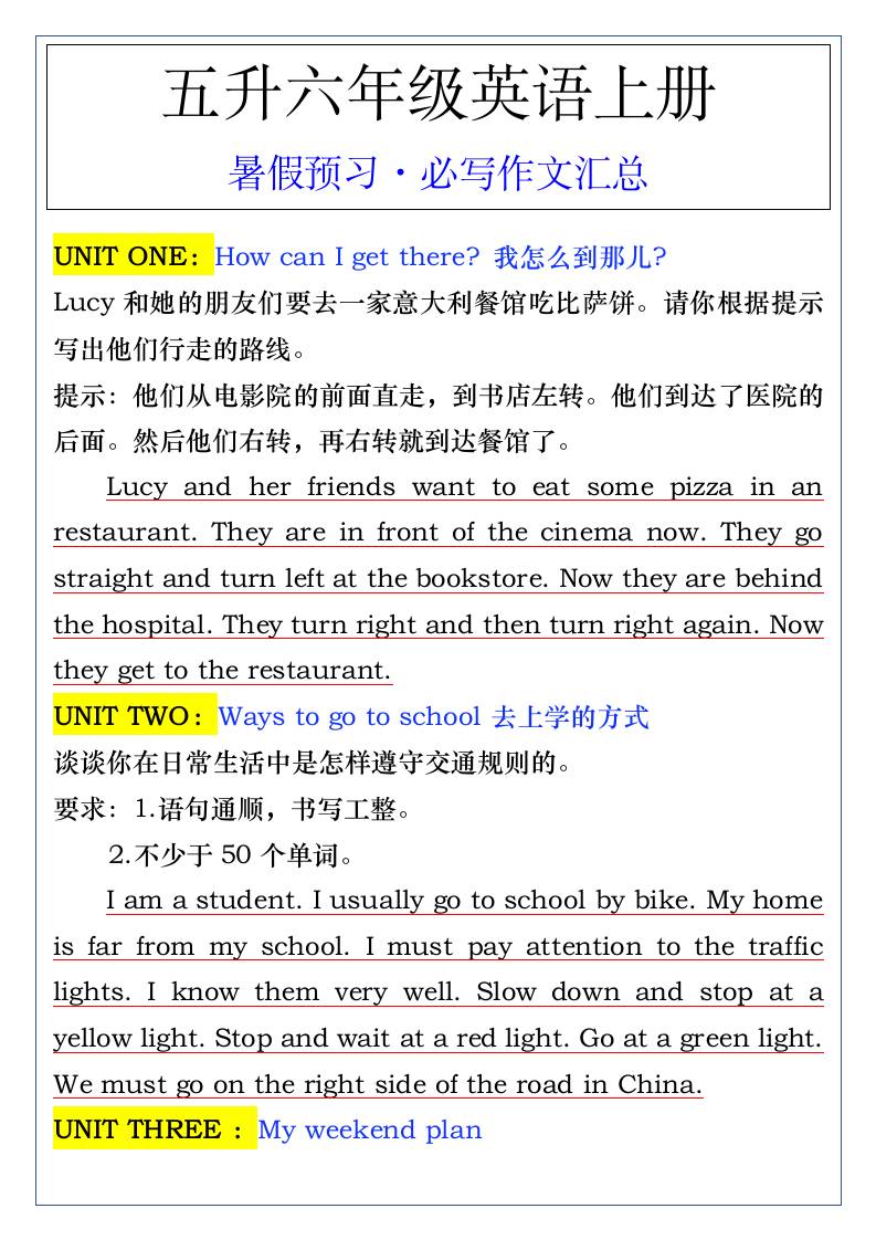 五升六年级英语上册暑假预习·必写作文汇总-六上英语-腾渊科技论坛