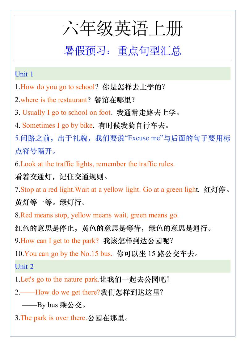 五升六年级英语上册暑假预习：重点句型汇总-六上英语-腾渊科技论坛