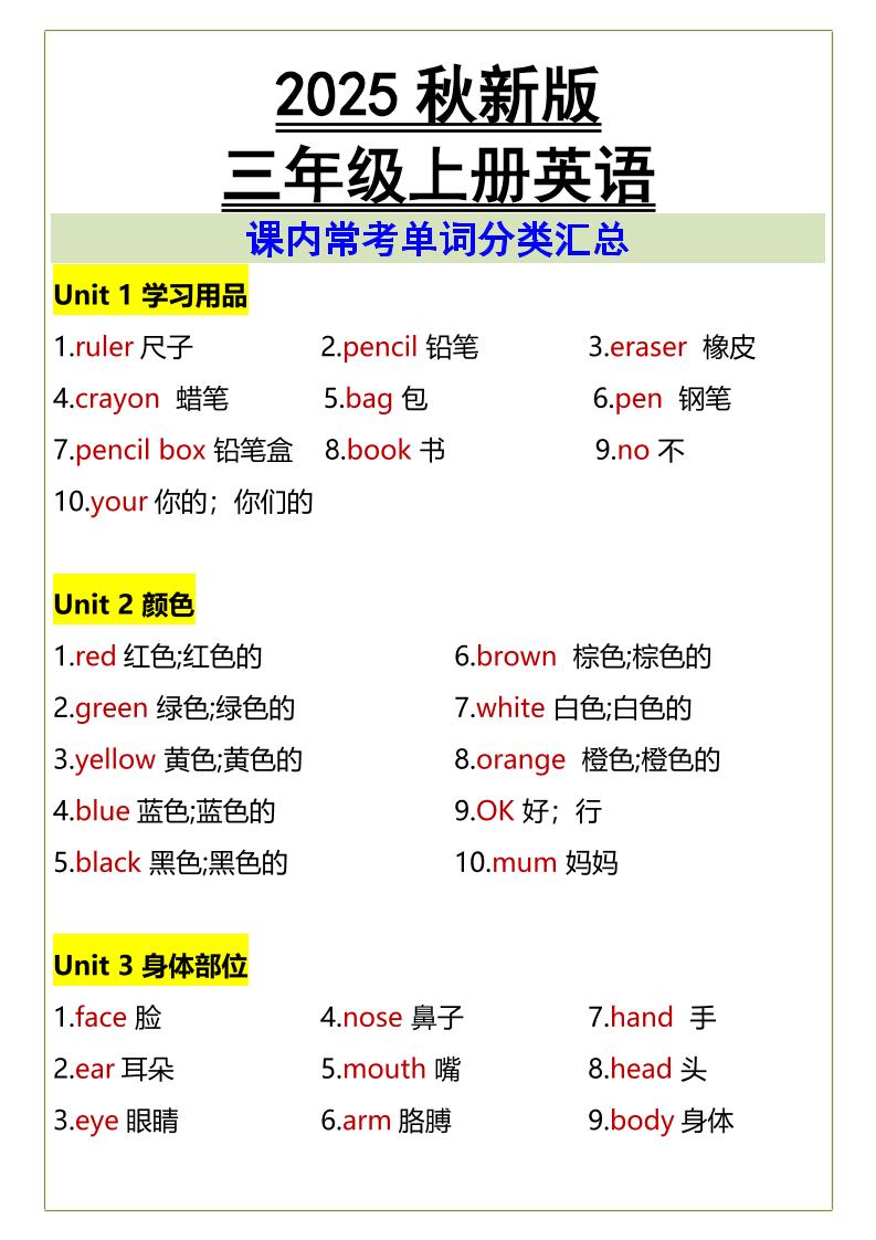 【2025秋新版】三年级上册英语课内常考单词分类汇总-腾渊科技论坛