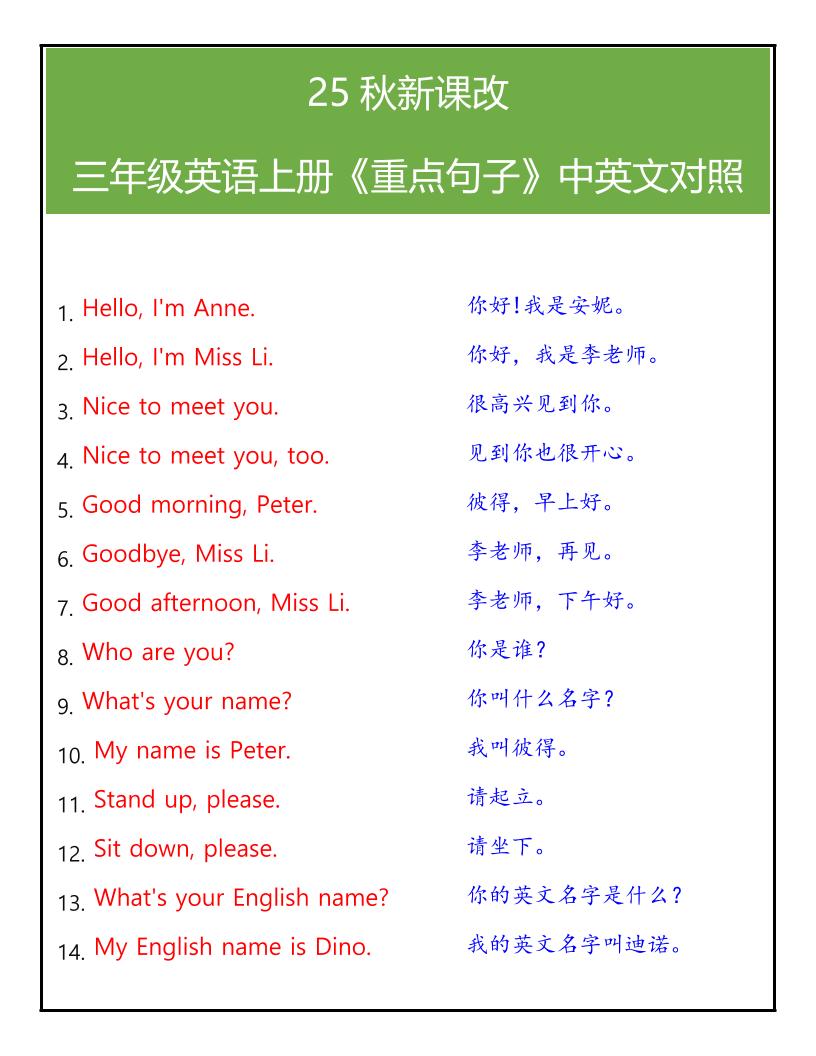 【2025秋新版】三年级英语上册《重点句子》中英文对照-腾渊科技论坛