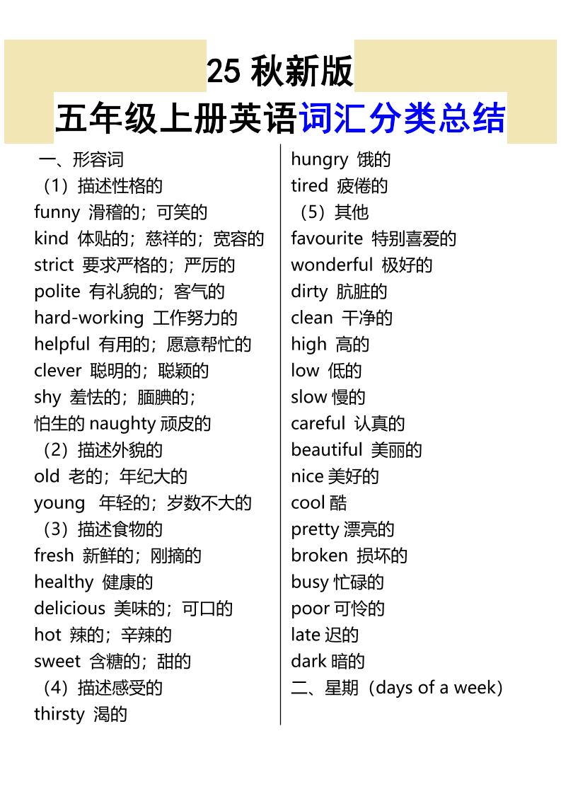【2025秋新版】五年级上册英语词汇分类总结-腾渊科技论坛