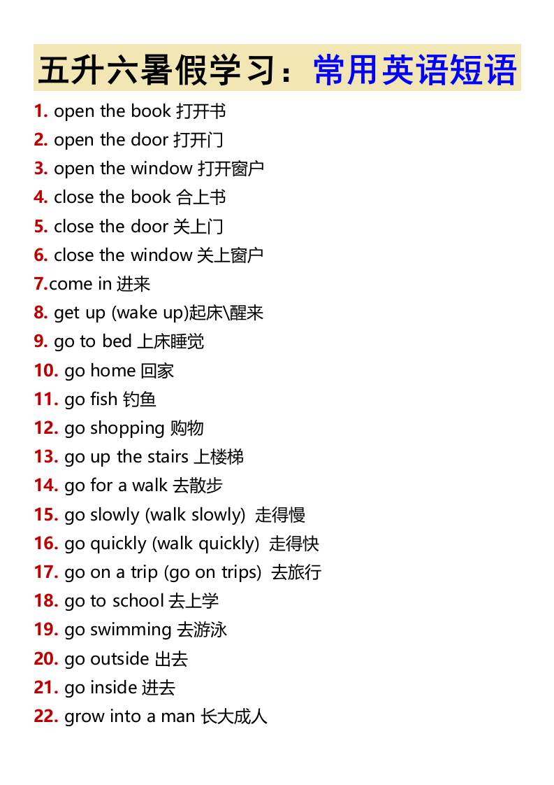 五升六暑假学习：常用英语短语-六上英语-腾渊科技论坛