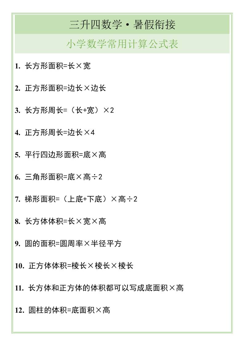 三升四暑假衔接，小学数学常用计算公式表-四上数学-腾渊科技论坛