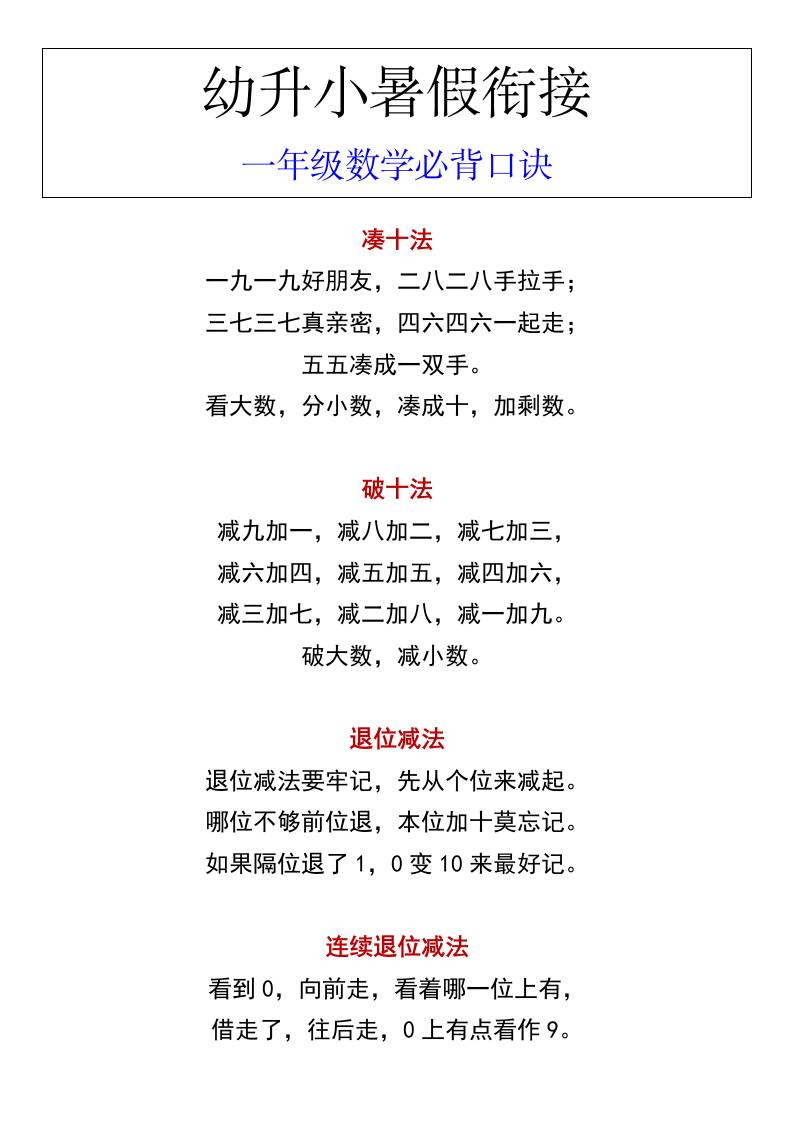 幼升小暑假衔接一年级数学必背口诀-腾渊科技论坛