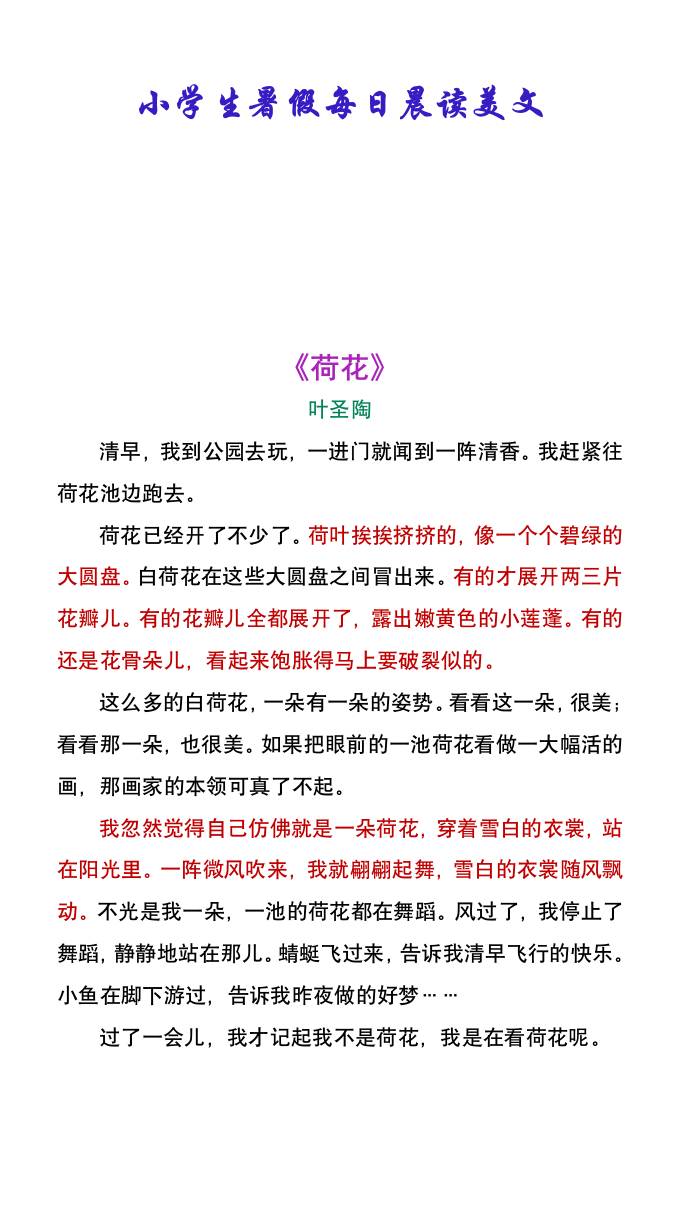 小学生暑假每日晨读美文：叶圣陶《荷花》-小升初语文-腾渊科技论坛