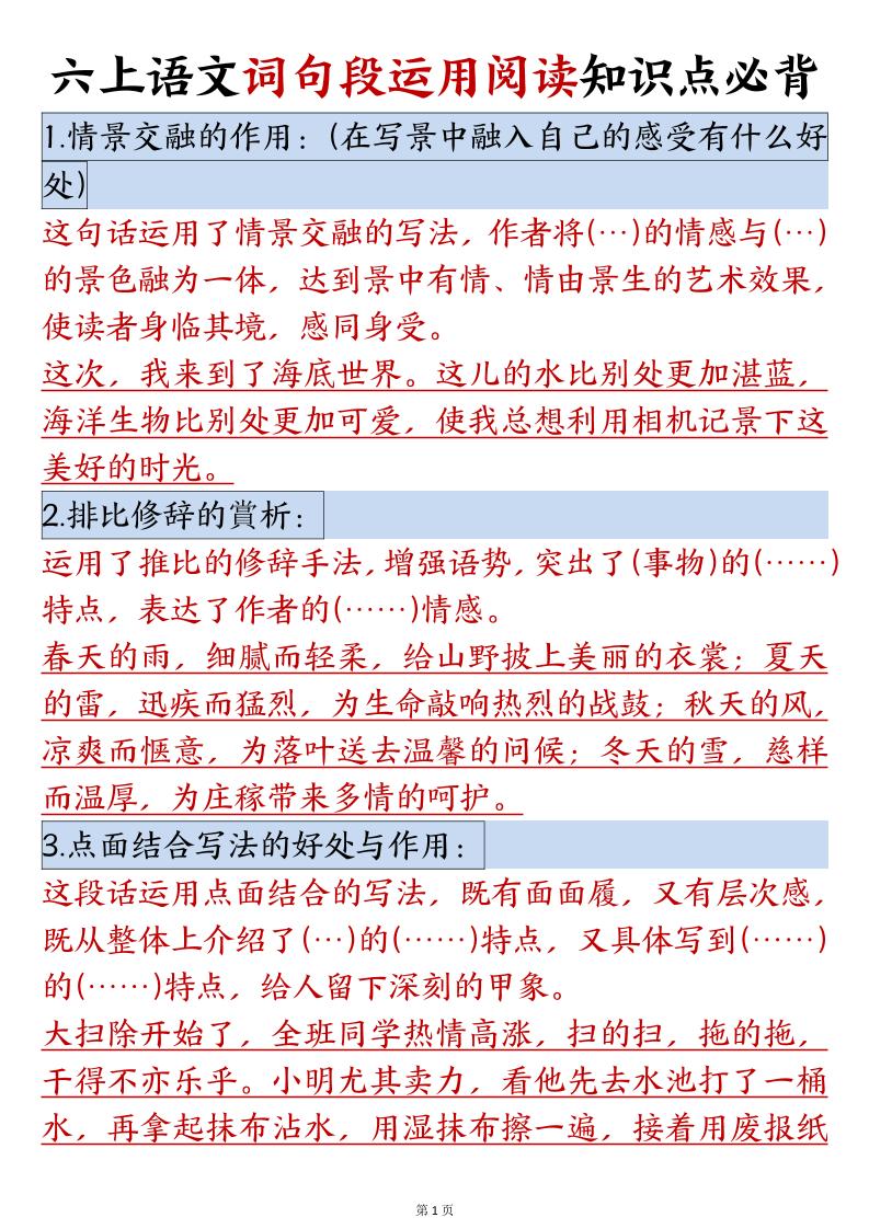 六年级语文上册词句段运用阅读知识点必背-腾渊科技论坛