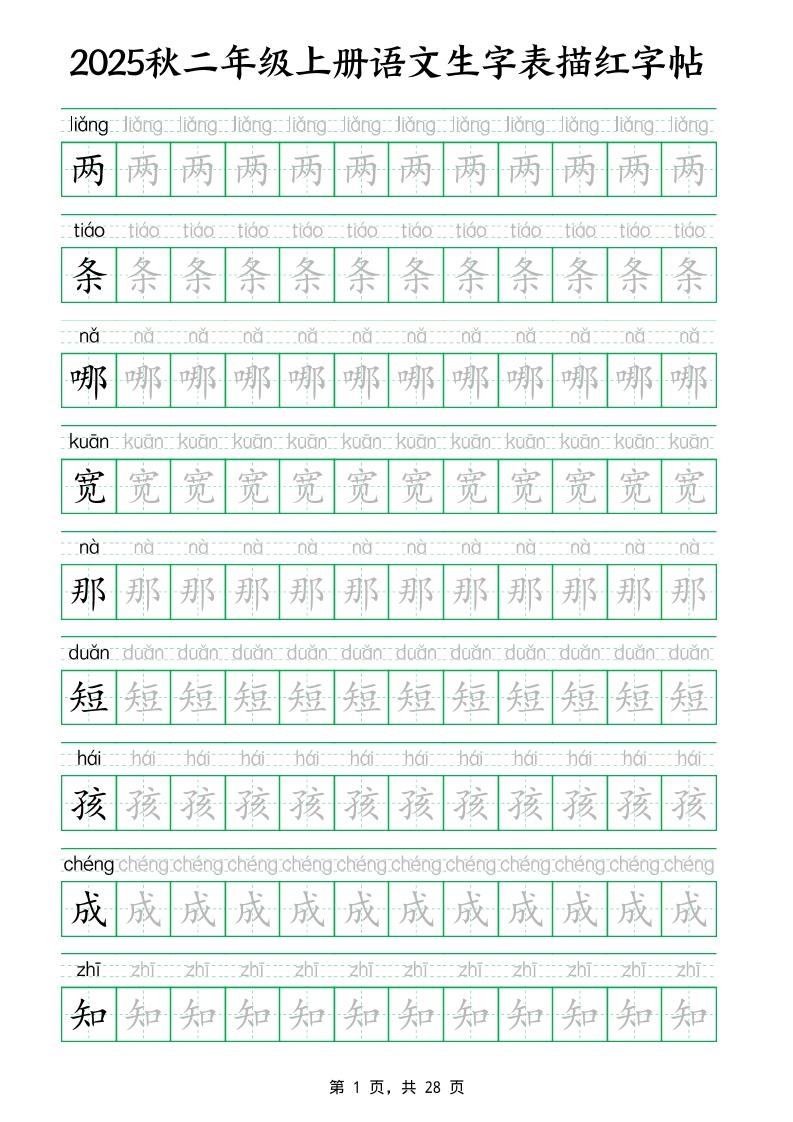 25秋新二上语文生字表生字拼音描红字帖（251字28页）-腾渊科技论坛