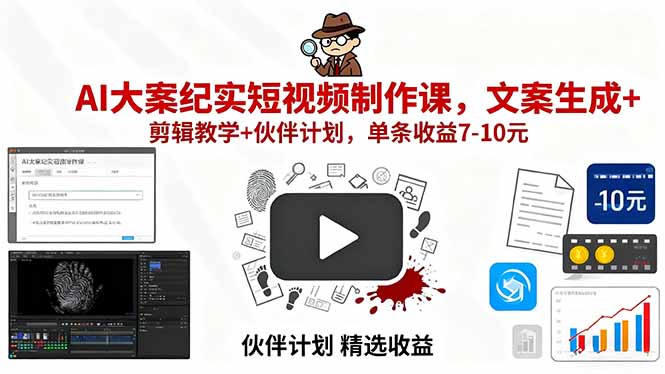 AI大案纪实短视频制作课，文案生成+剪辑教学+伙伴计划，单条收益7-10元-腾渊科技论坛