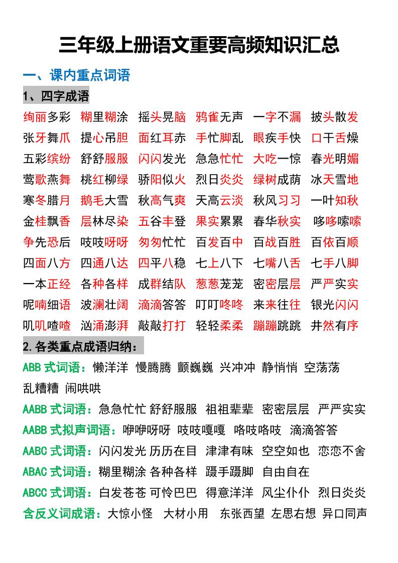 三年级上册语文重要高频知识汇总-腾渊科技论坛