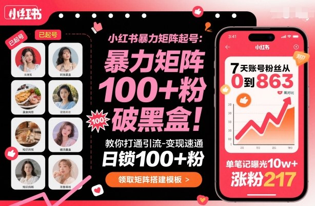 小红书暴力矩阵起号,教你打通引流-变现速通,日锁100+粉,破流量黑盒