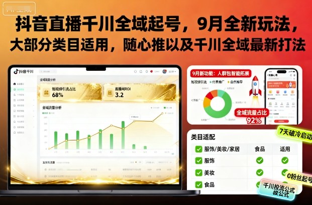 抖音直播千川全域起号,9月全新玩法,大部分类目适用,随心推以及千川全域最新打法-腾渊科技论坛